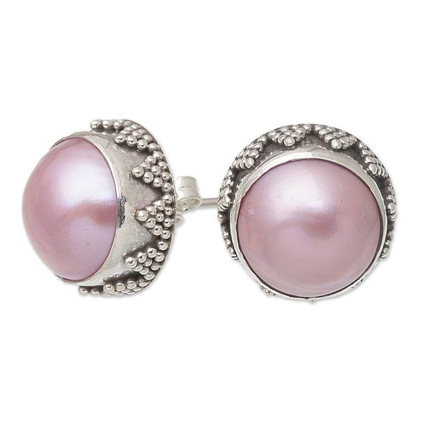 Alternate image for Geometric Sterling Silver Button Earrings with Pink Pearls Pink Pearl Treasure