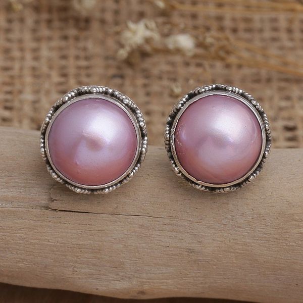 Alternate image for Geometric Sterling Silver Button Earrings with Pink Pearls Pink Pearl Treasure