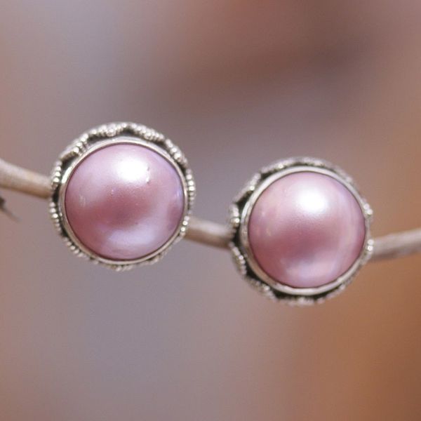 Alternate image for Geometric Sterling Silver Button Earrings with Pink Pearls Pink Pearl Treasure