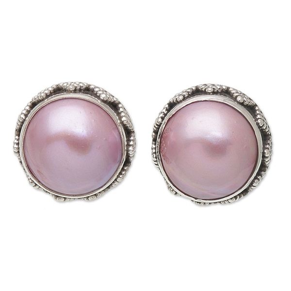 Alternate image for Geometric Sterling Silver Button Earrings with Pink Pearls Pink Pearl Treasure