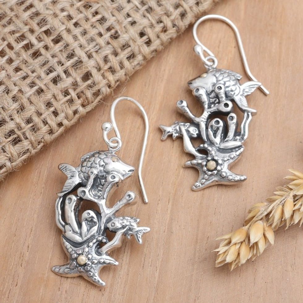 Gold-Accented Dangle Earrings with Sea Life Motif 'Marine Biology'