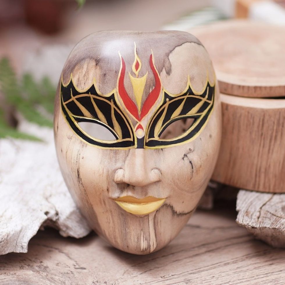 Balinese Hibiscus Wood Mask with Hand-Painted Vibrant Motifs 'The Emperor'