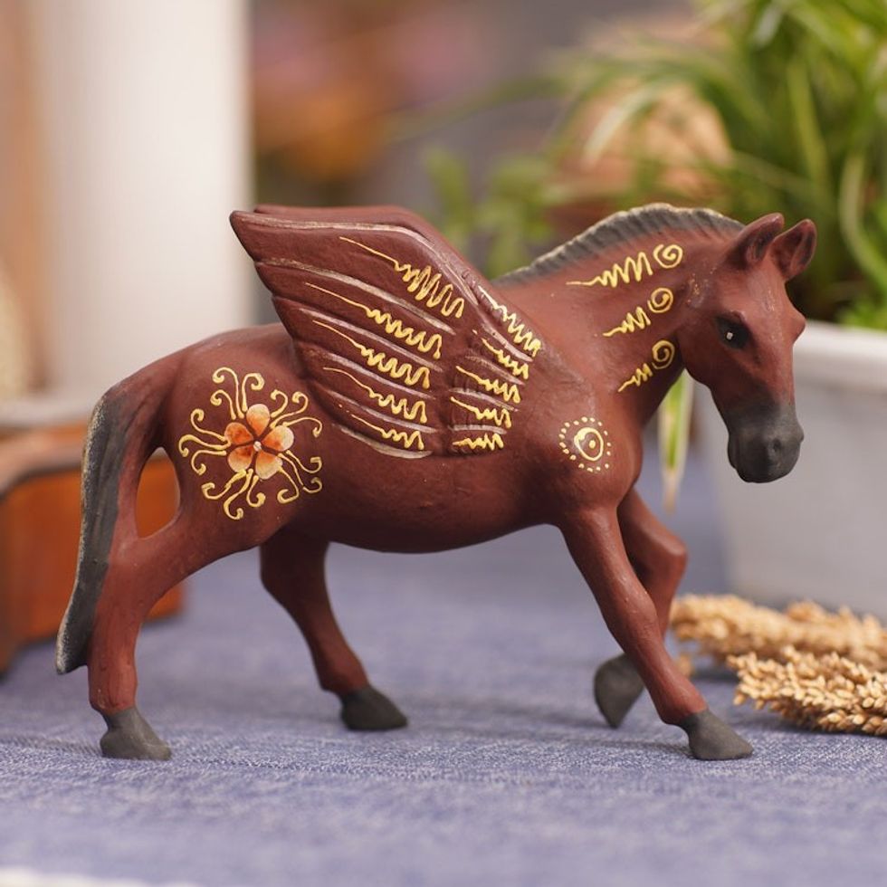 Indonesian Hand-carved Hand-painted Pegasus Wood Figurine 'Mythological Pegasus'
