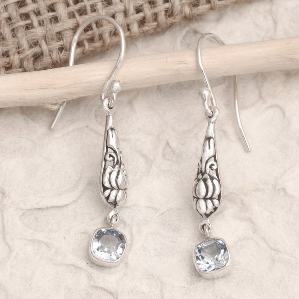 Sterling Silver and Blue Topaz Dangle Earrings from Bali 'Blue Burgeon Lotus'
