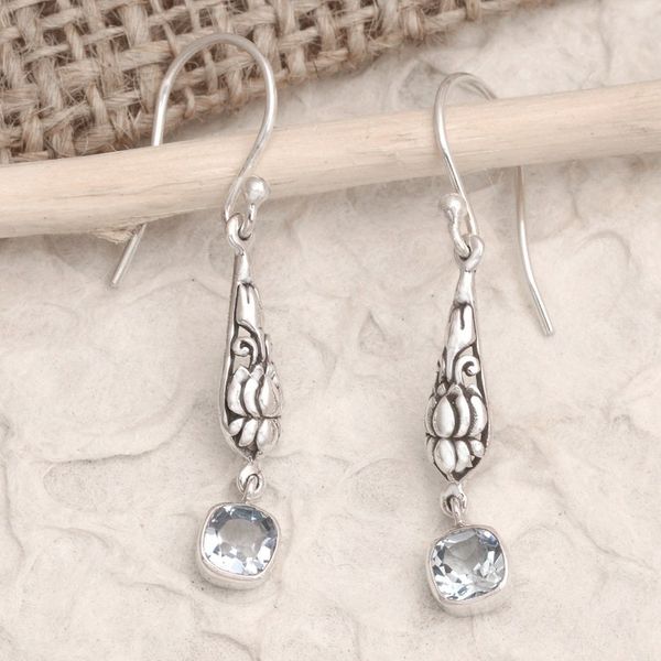 Alternate image for Sterling Silver and Blue Topaz Dangle Earrings from Bali Blue Burgeon Lotus