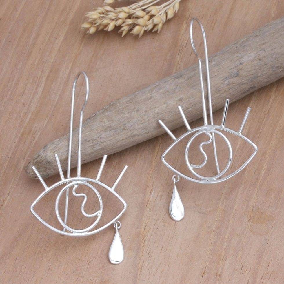 Modern Sterling Silver Drop Earrings with Eye Motif 'Seeing Clearly'