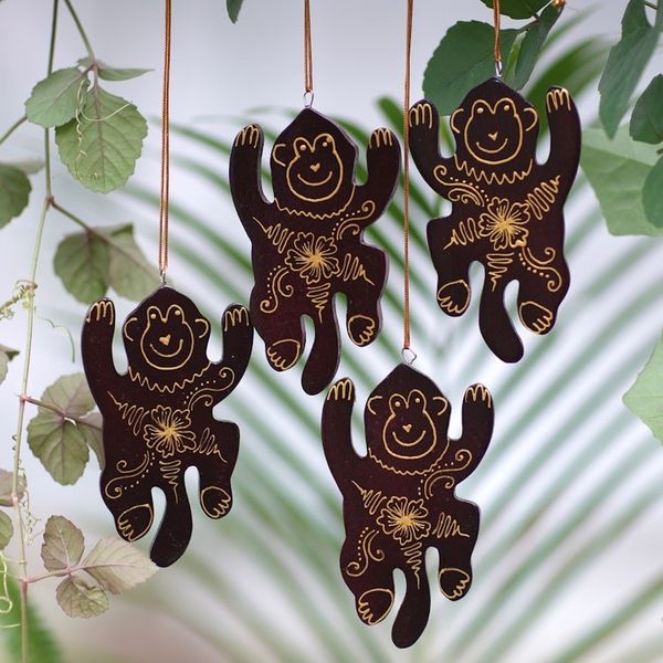Alternate image for Set of 4 Mahogany Wood Hand-Painted Monkey Ornaments Happy Monkeys