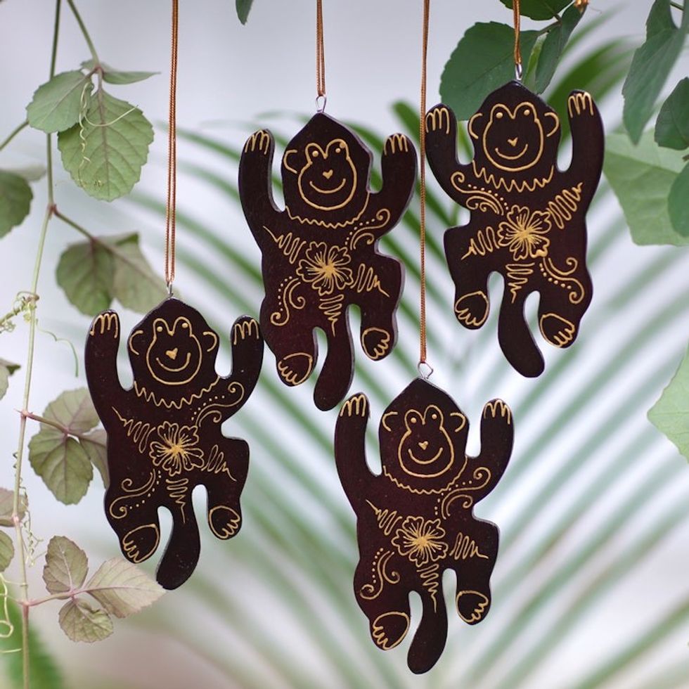 Set of 4 Mahogany Wood Hand-Painted Monkey Ornaments 'Happy Monkeys'