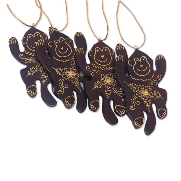 Alternate image for Set of 4 Mahogany Wood Hand-Painted Monkey Ornaments Happy Monkeys