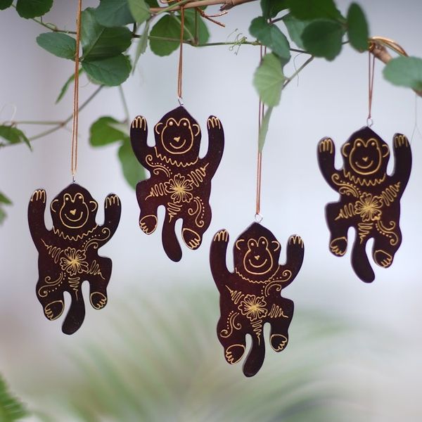 Alternate image for Set of 4 Mahogany Wood Hand-Painted Monkey Ornaments Happy Monkeys