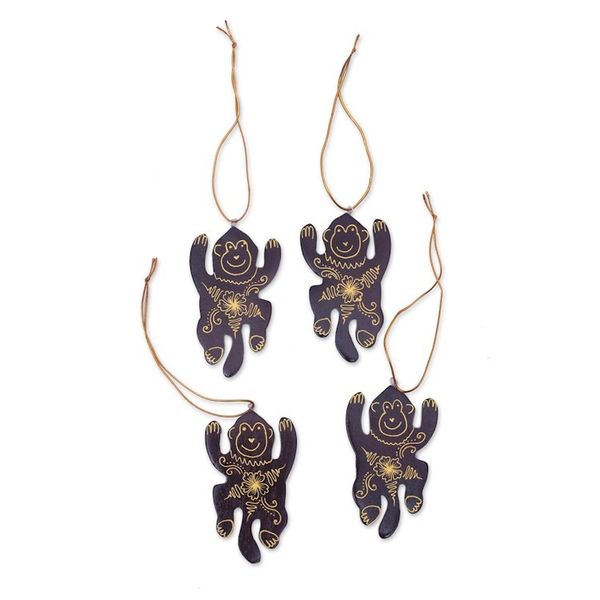 Alternate image for Set of 4 Mahogany Wood Hand-Painted Monkey Ornaments Happy Monkeys