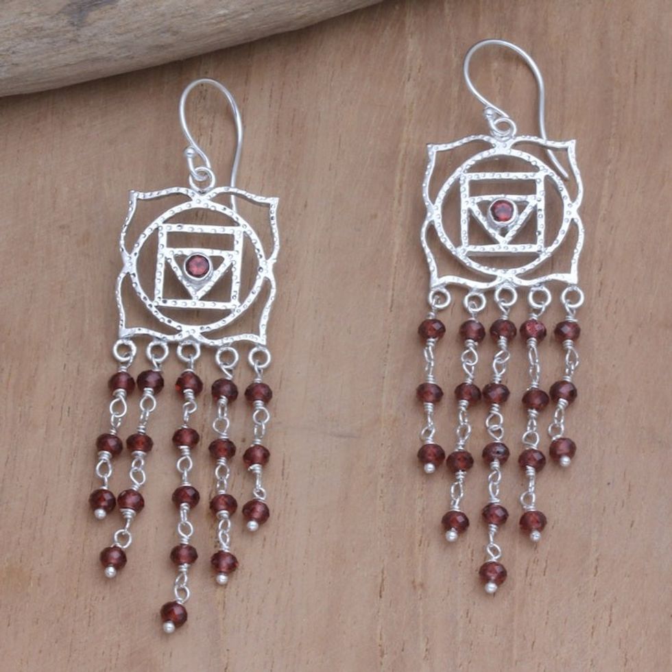 Garnet Dangle Earrings with Chakra Motif 'Root of Desire'