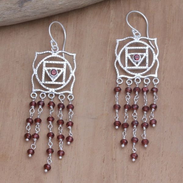 Alternate image for Garnet Dangle Earrings with Chakra Motif Root of Desire