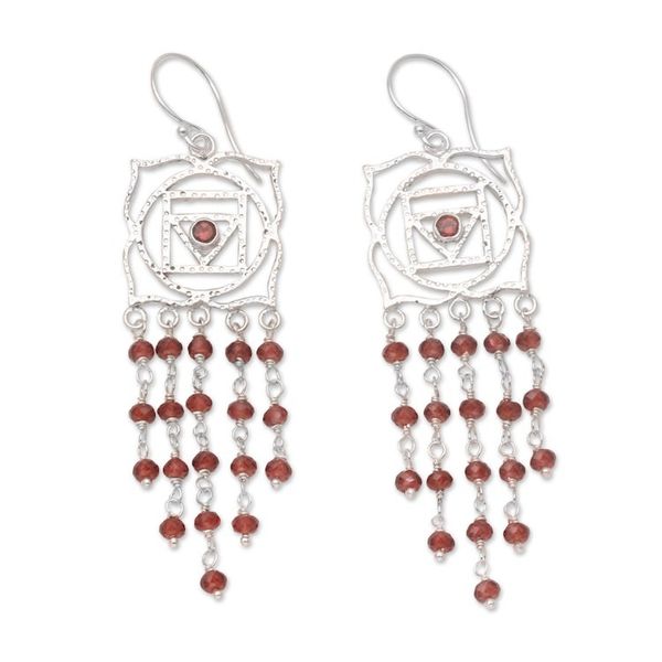 Alternate image for Garnet Dangle Earrings with Chakra Motif Root of Desire