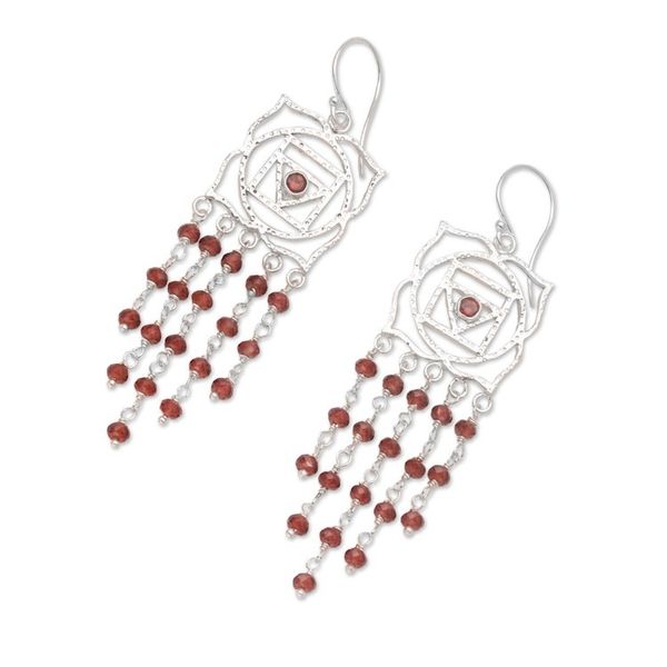 Alternate image for Garnet Dangle Earrings with Chakra Motif Root of Desire