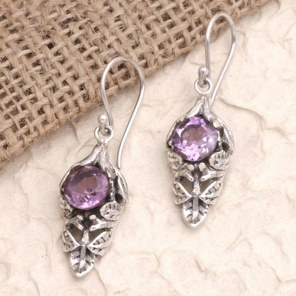 Alternate image for Balinese Amethyst Sterling Silver Leaf Dangle Earrings Romantic Bract