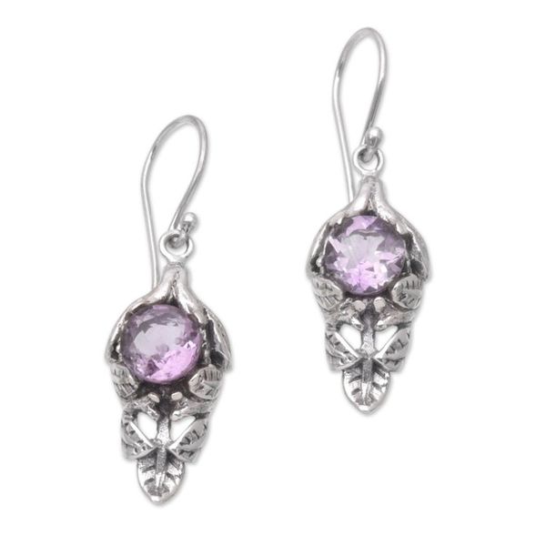 Alternate image for Balinese Amethyst Sterling Silver Leaf Dangle Earrings Romantic Bract