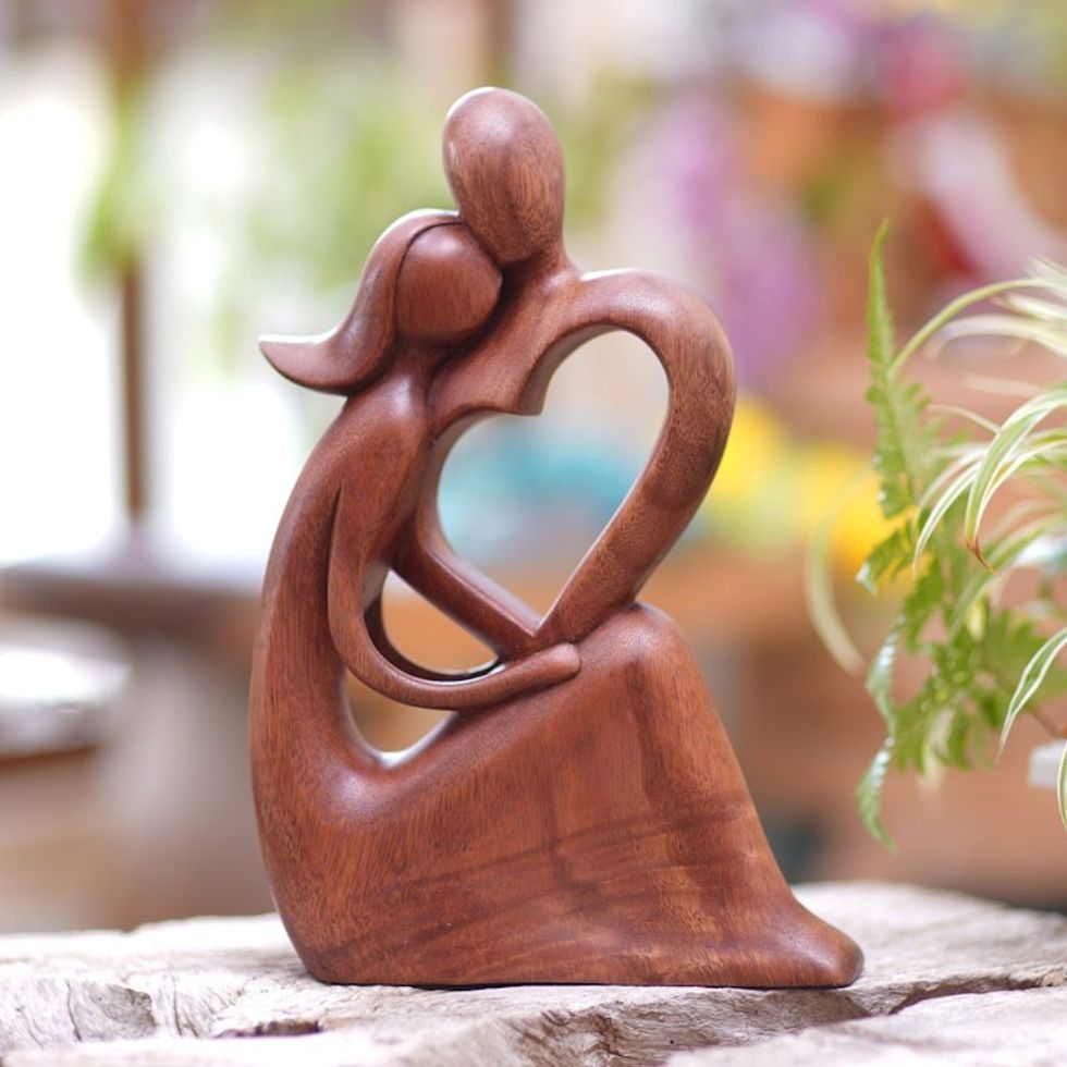 Handmade Suar Wood Statuette with Romantic Motif 'Embrace the Feeling'