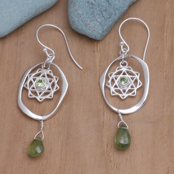 Alternate image for Peridot Dangle Earrings with Chakra Motif Heart of Chakra