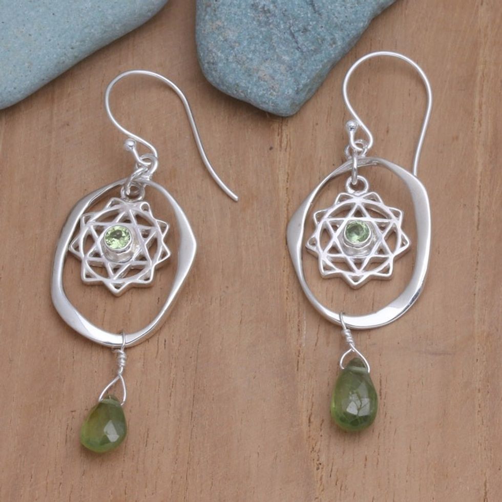 Peridot Dangle Earrings with Chakra Motif 'Heart of Chakra'