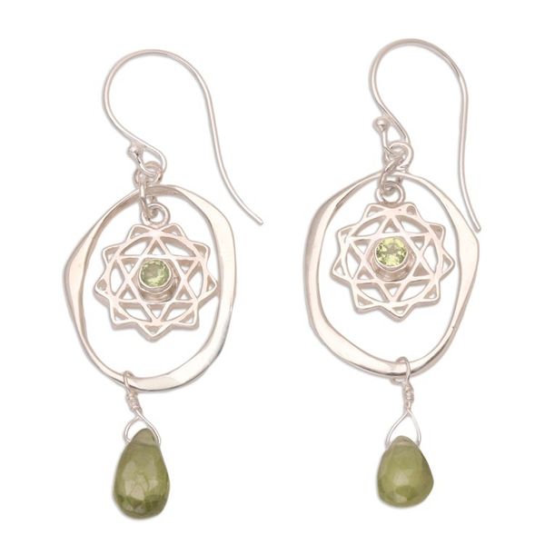 Alternate image for Peridot Dangle Earrings with Chakra Motif Heart of Chakra