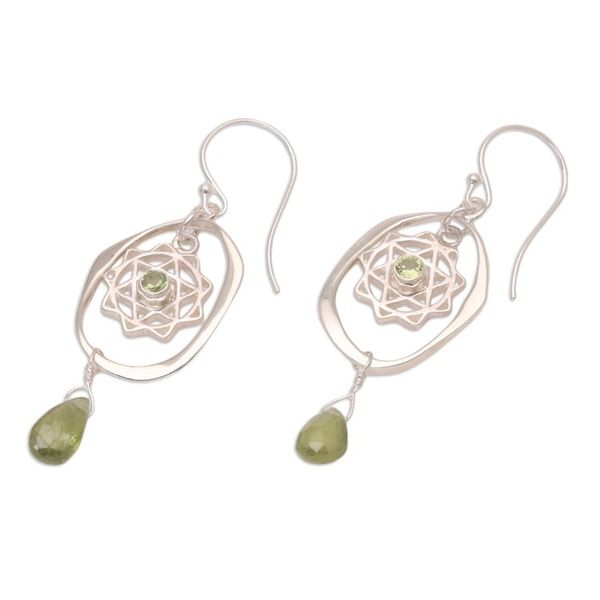 Alternate image for Peridot Dangle Earrings with Chakra Motif Heart of Chakra