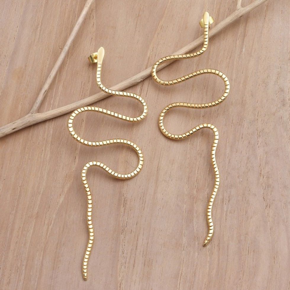 Balinese Gold-Plated Drop Earrings with Snake Motif 'Cobra Queen'