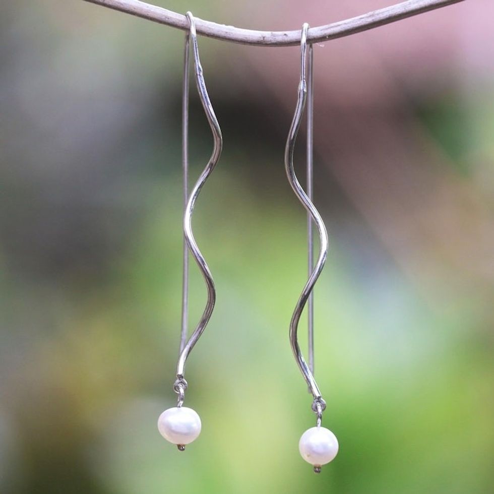 Sterling Silver Dangle Earrings with Peach Cultured Pearls 'Falling Peach'