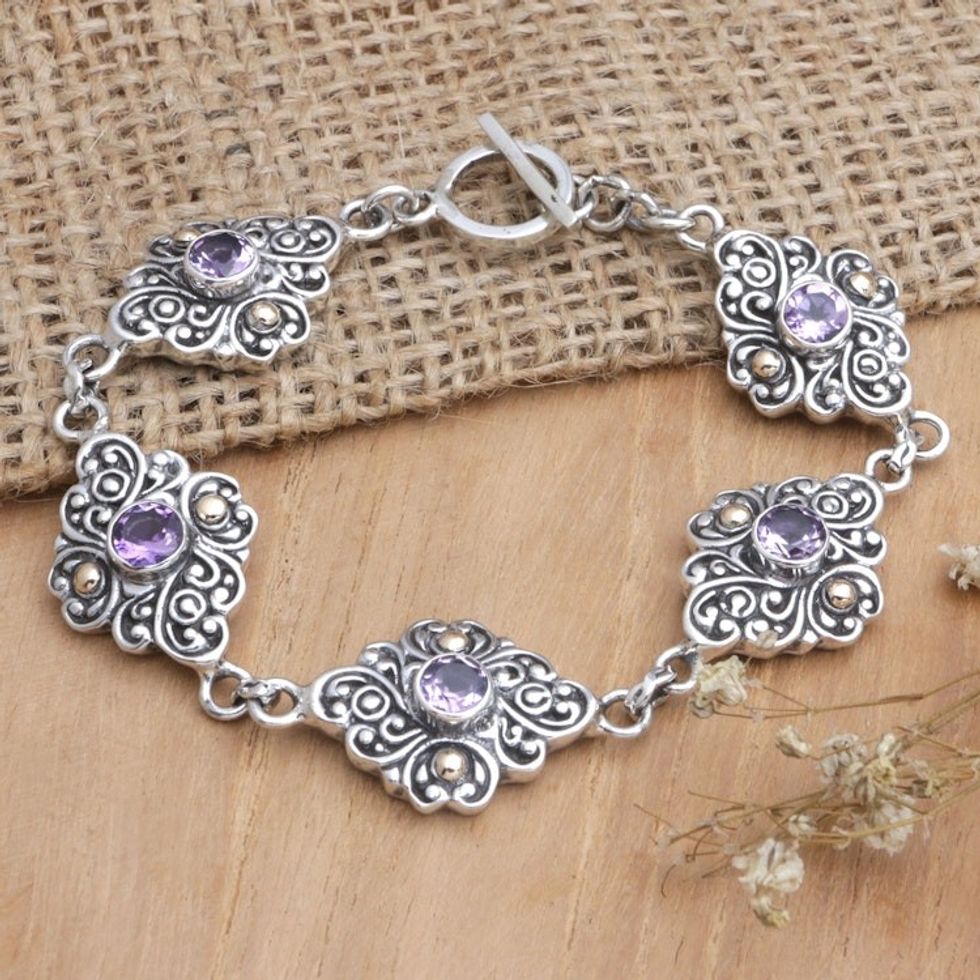 18k Gold-Accented Link Bracelet with Faceted Amethyst Stones 'Wisdom Incantation'
