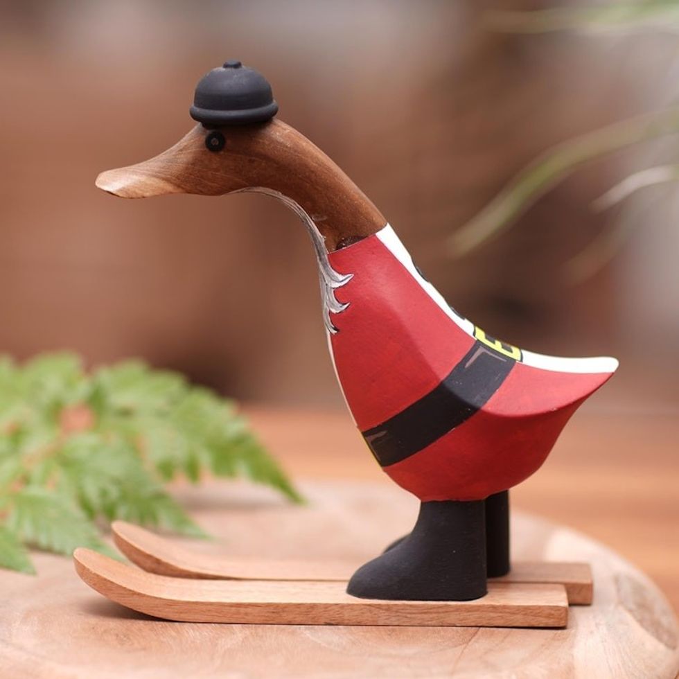 Bamboo and Teak Wood Sculpture with Christmas Duck 'Santa Claus Duck'