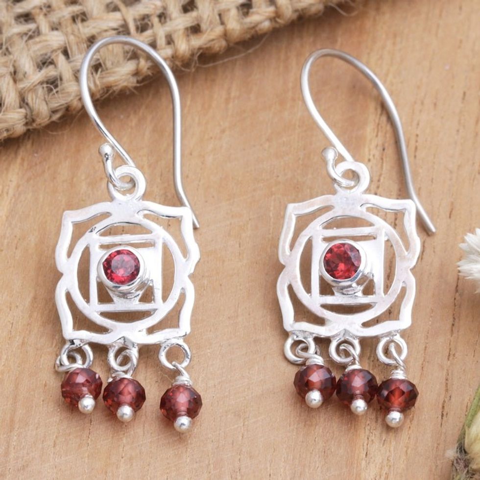 Chakra Themed Sterling Silver and Garnet Dangle Earrings 'Facing Chakra'