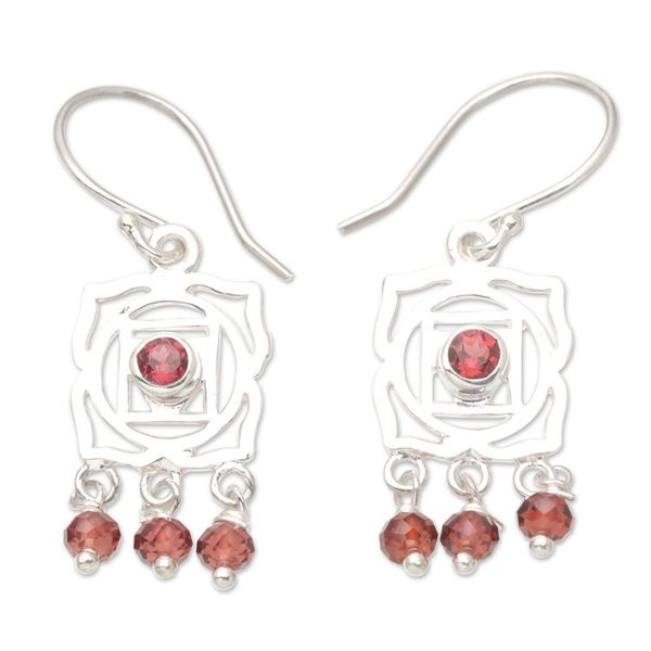 Alternate image for Chakra Themed Sterling Silver and Garnet Dangle Earrings Facing Chakra
