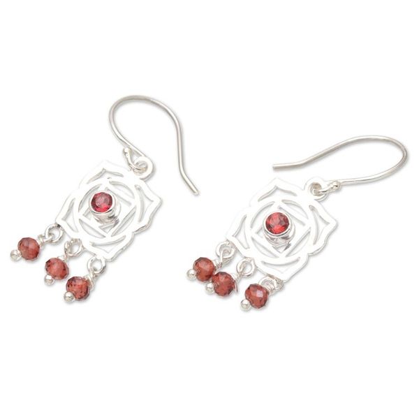 Alternate image for Chakra Themed Sterling Silver and Garnet Dangle Earrings Facing Chakra