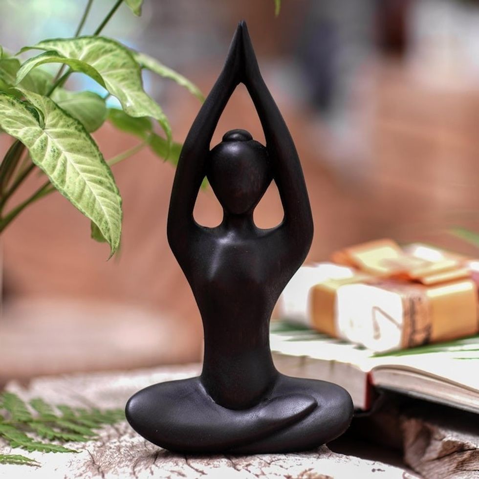 Hand-Carved Suar Wood Meditation Sculpture in Brown 'The Sky'