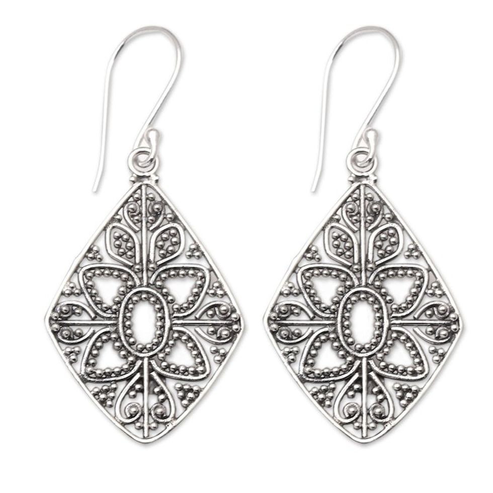 Openwork Sterling Silver Dangle Earrings from Bali 'Swaying Leaves'