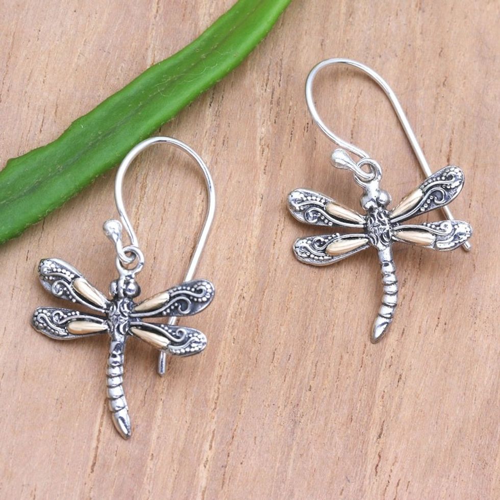 Gold Accented Sterling Silver Dragonfly Earrings from Bali 'Shimmering Wings'