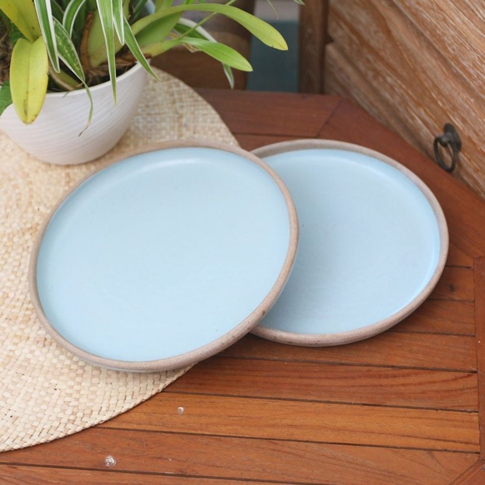 Rustic Ceramic Salad Plates Pair 'Blue Bounty'