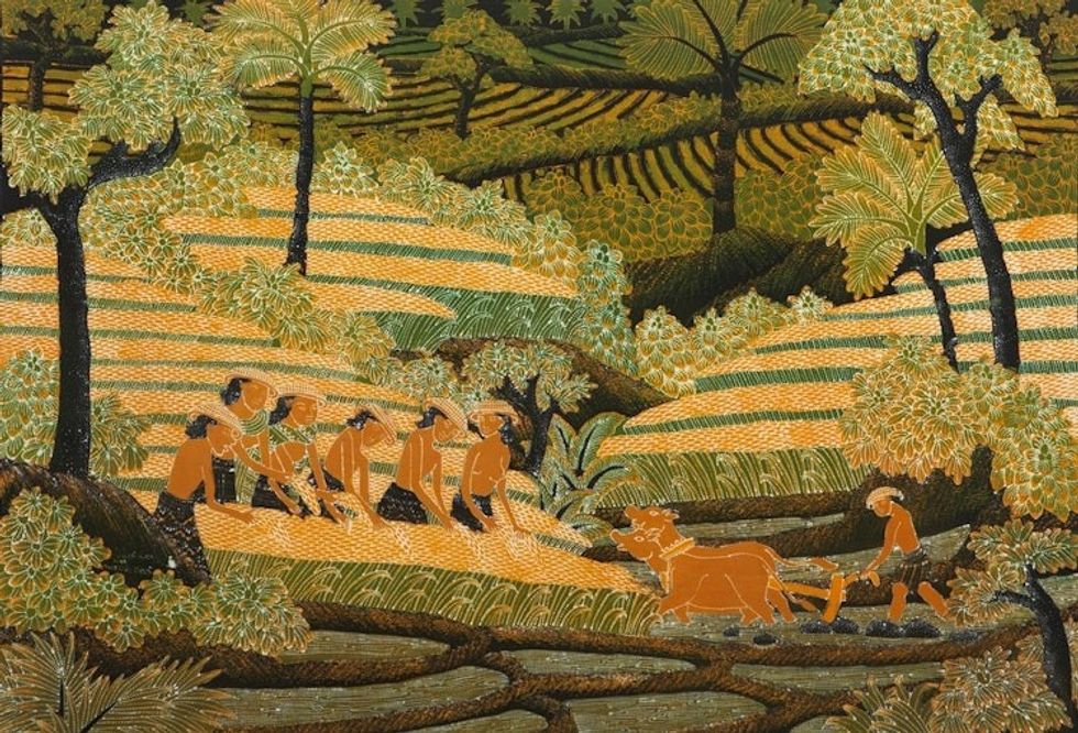 Unique Cotton Batik Bali Rice Terrace Painting 'Rhythm of Life in the Fields'