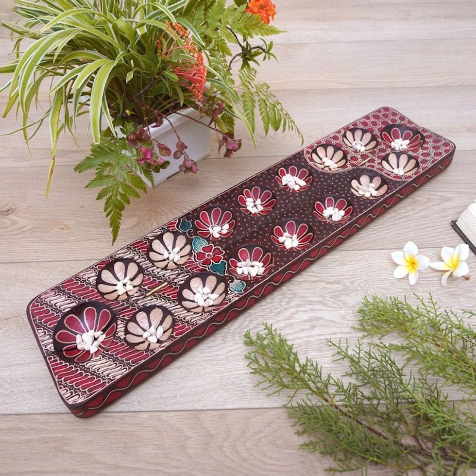 Handmade Batik Wood Mancala Game in Red 'Red Discernment Spirit'