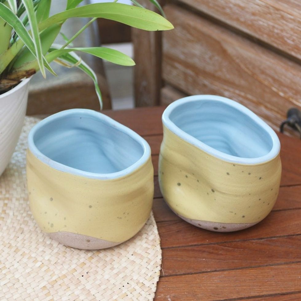Rustic Ceramic Teacups from Java Pair 'Yellow Squeeze'