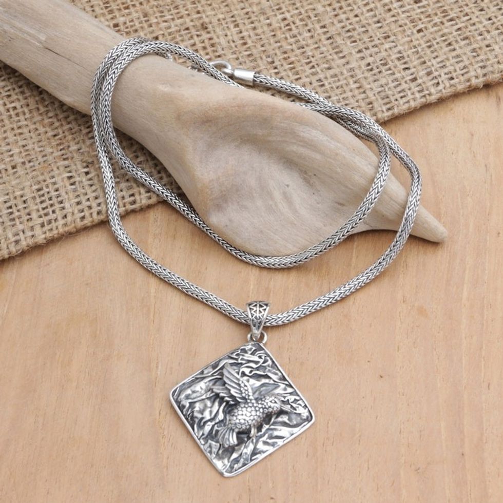 Sterling Silver Geometric Pendant Necklace with Hummingbird 'Merry Hummingbird'