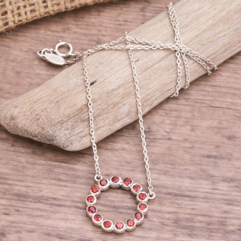 Sterling Silver and Garnet Pendant Necklace from Bali 'Garnet Flourish'
