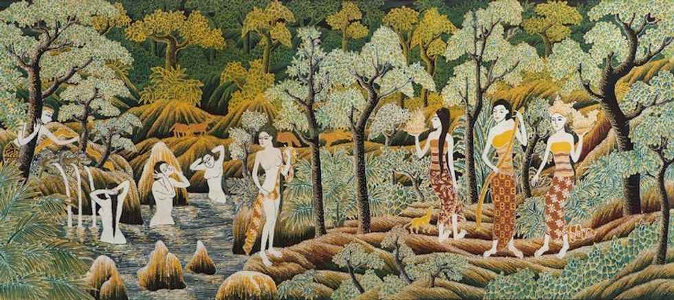 Unique Cotton Batik Painting of Bali's Jaka Tarub Legend 'Seven Angels'