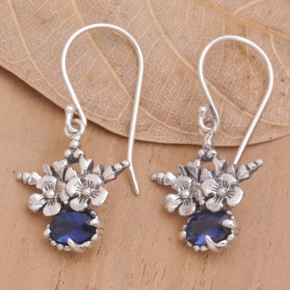 Floral Sterling Silver Dangle Earrings with Cubic Zirconia 'Blue Flower Crown'