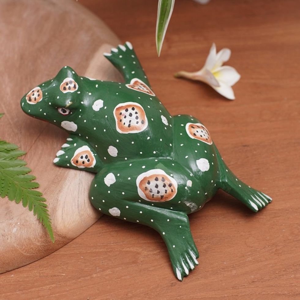 Frog Wood Figurine Hand-carved Hand-painted in Indonesia 'Swimming Frog'