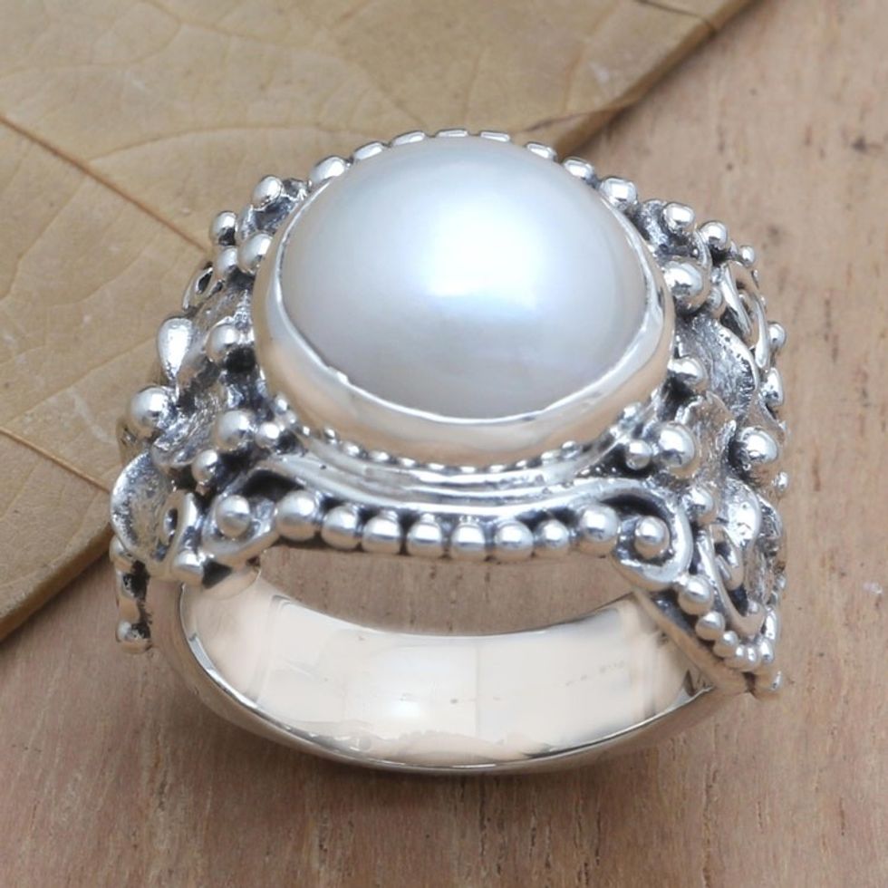 Cultured Pearl and Sterling Silver Cocktail Ring from Bali 'Soft Glow in Grey'