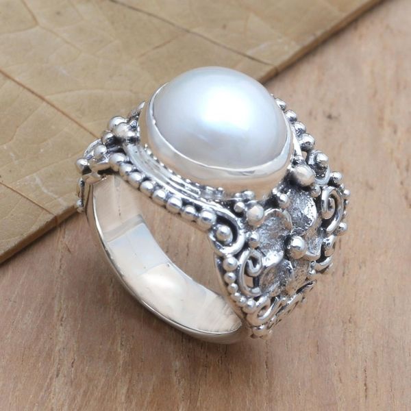 Alternate image for Cultured Pearl and Sterling Silver Cocktail Ring from Bali Soft Glow in Grey