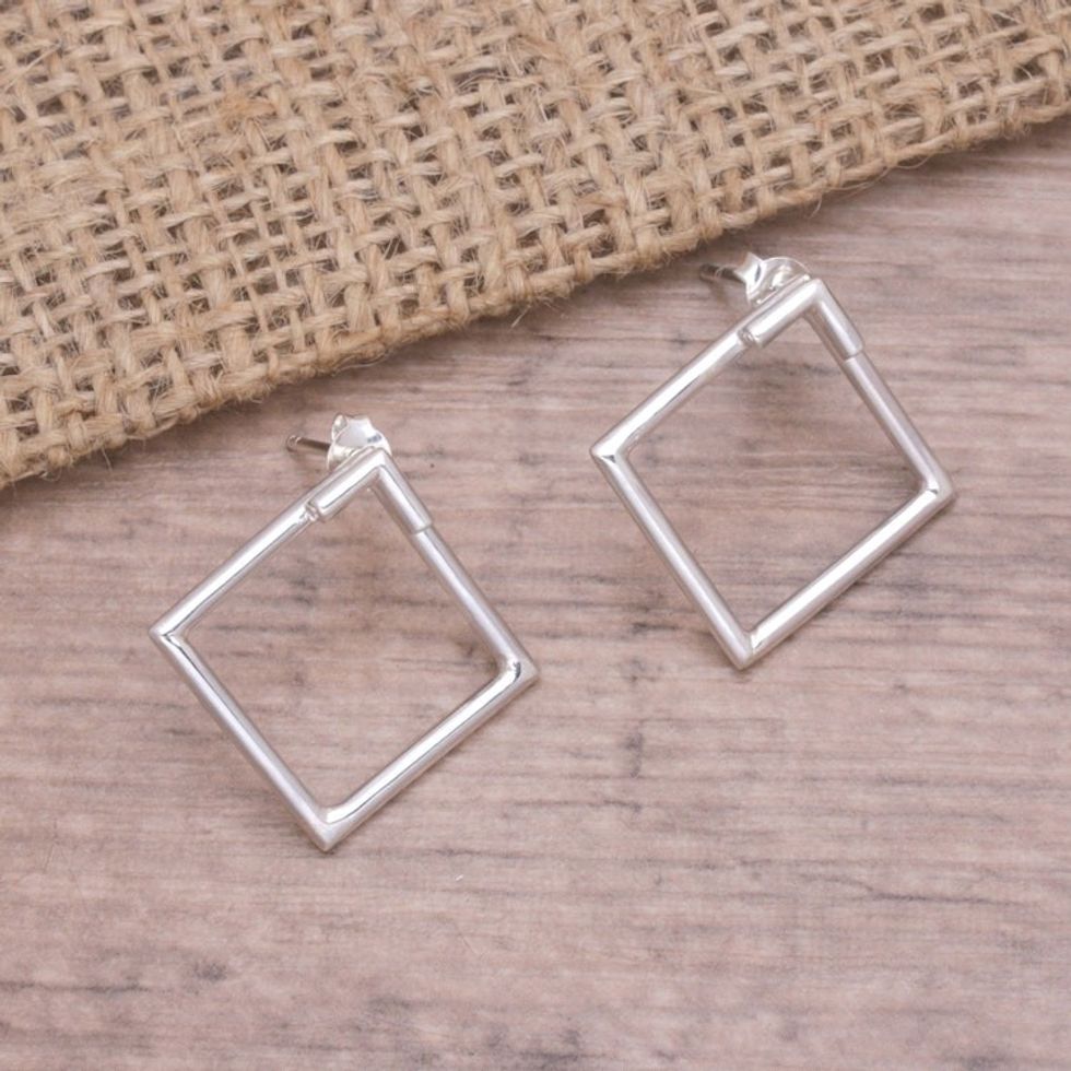 Handcrafted 925 Sterling Silver Drop Earrings from Bali 'Simply Square'