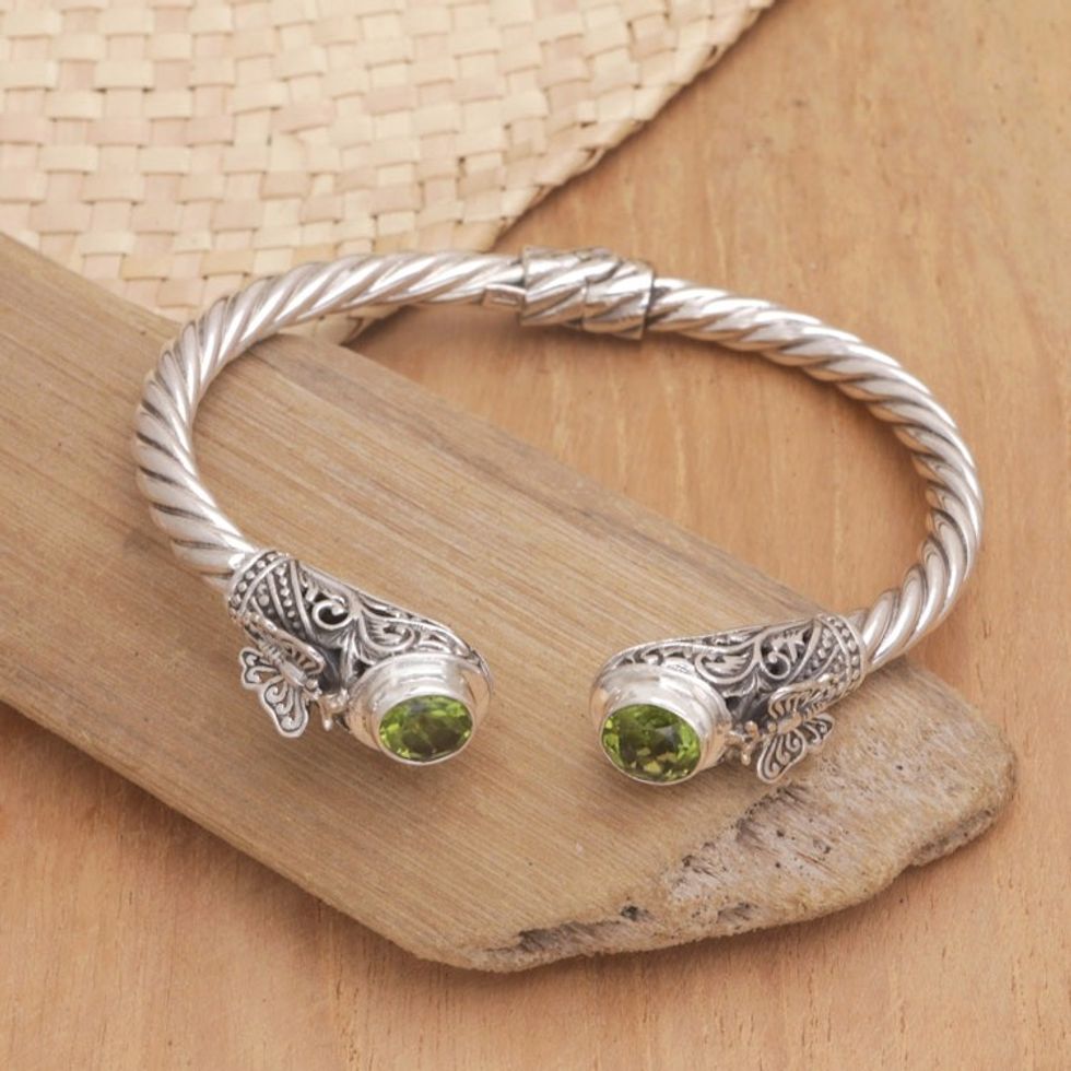 Sterling Silver Butterfly Cuff Bracelet with Peridot Stones 'Green Butterfly'