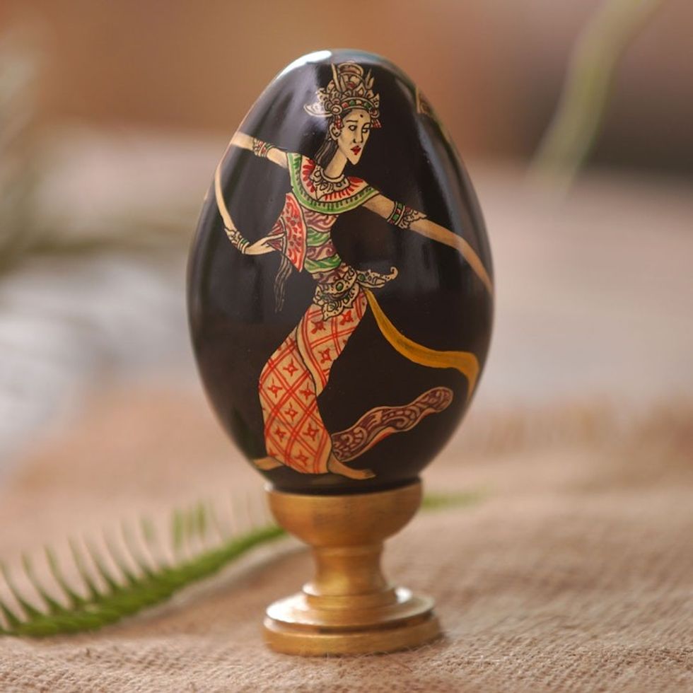 Hand Painted Balinese Egg Sculpture 'Oleg Dance'